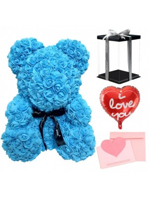 Blue Rose Teddy Bear Flower Bear with Balloon, Greeting Card & Gift Box for Mothers Day, Valentines Day, Anniversary, Weddings & Birthday