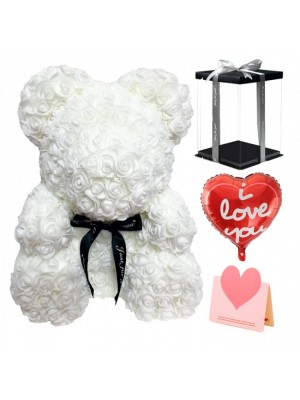 White Rose Teddy Bear Flower Bear with Balloon, Greeting Card & Gift Box for Mothers Day, Valentines Day, Anniversary, Weddings & Birthday