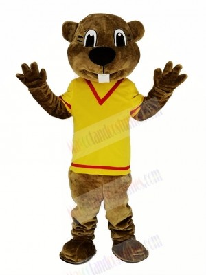 Brown Beaver in Yellow Shirt Mascot Costume Animal