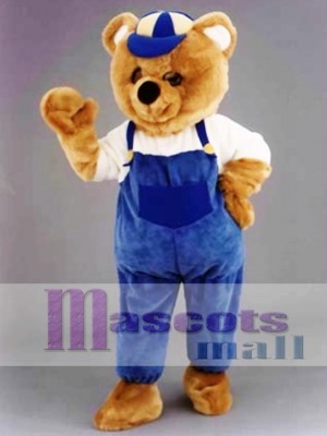 Teddy Bear Mascot Costume with Hat and Blue Overalls