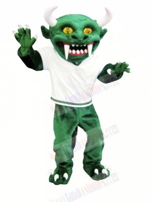 Green Devil with Long Teeth Mascot Costume Cartoon