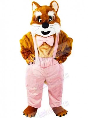 Brown Cat Mascot Costume Animal in Pink Overalls