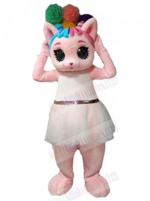 Pink Cat Mascot Costume Animal in White Dress