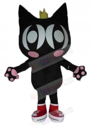 Black Cartoon Cat Mascot Costume Animal with Crown