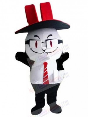 White Cat Manager Mascot Costume Animal with Red Hat