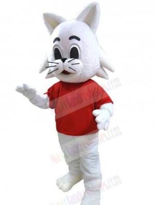 White Cat Mascot Costume Animal in Red T-shirt