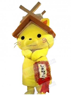 Yellow Cat Mascot Costume Animal with A House Roof Over the Head