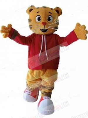 Orange And Gray Cat Mascot Costume Animal in Red Clothes