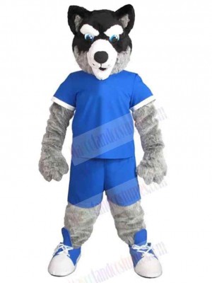 Long Wool Wolf Mascot Costume Animal in Blue Sportswear
