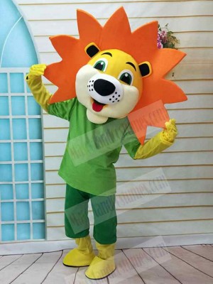 Yellow Lion Mascot Costume Animal in Green Clothes