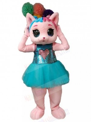 Pink Cat Mascot Costume Animal in Blue Dress