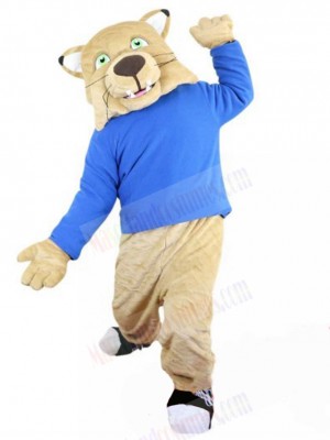 Affable Beige Wildcat Mascot Costume in Blue Shirt Animal