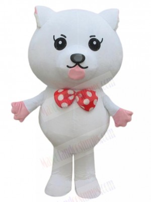 White Cat Mascot Costume with Red and White Bow Tie Animal