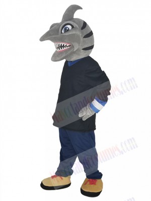 Grey Shark in Black Shirt Mascot Costume