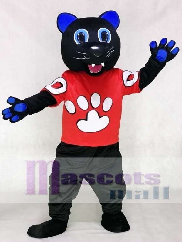 Sir Purr Mascot Costume of the Carolina Panthers in Red Shirt